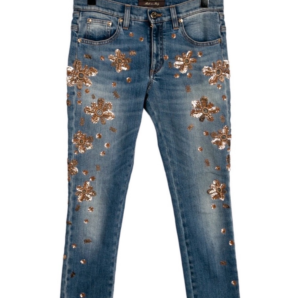 Roberto Cavalli Blue Skinny Jeans with Gold Sequin Floral Accents
